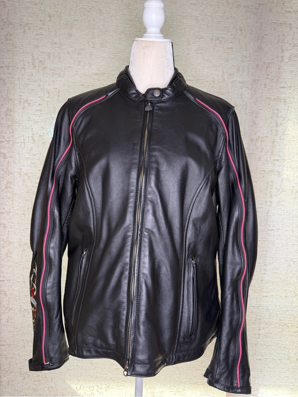 Harley-Davidson Black Leather Jacket with Red Piping